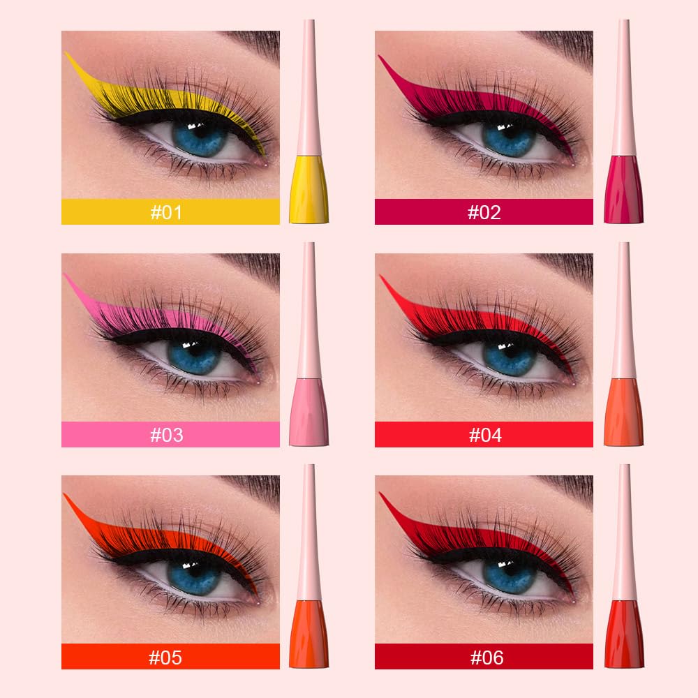 evpct 6Pcs Yellow Red Pink Tomato OrangeRed Brown Liquid Eyeliner Set Waterproof Eye Liners for Women, Eyes Wing Colored Eyeliner delineador de ojos a prueba de agua contra el agua blanco para ojos