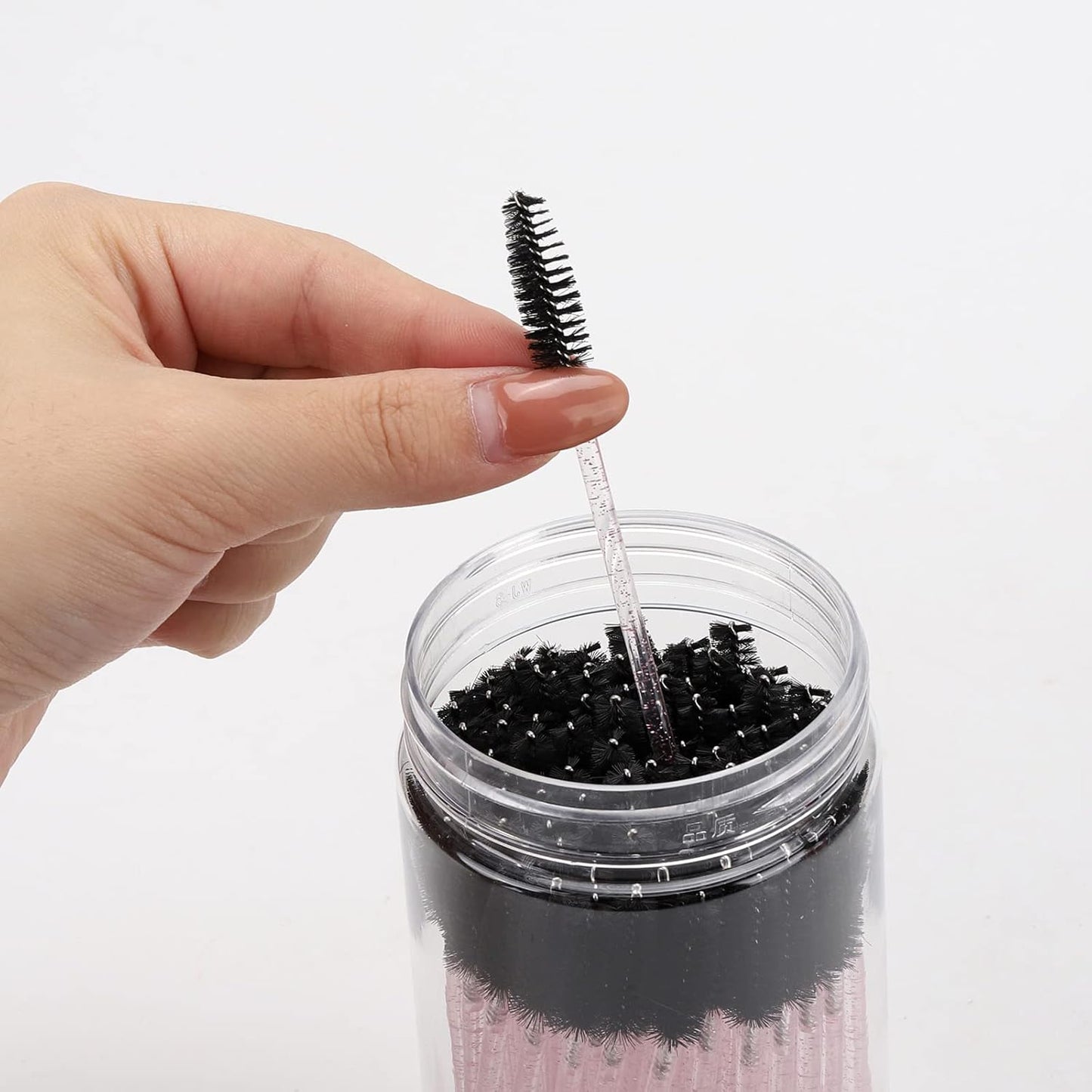 100 Pcs Disposable Mascara Wands, Crystal Eyebrow Spoolies Brush for Eyelash Extensions, Lash Brushes with Container (Black, Pink)