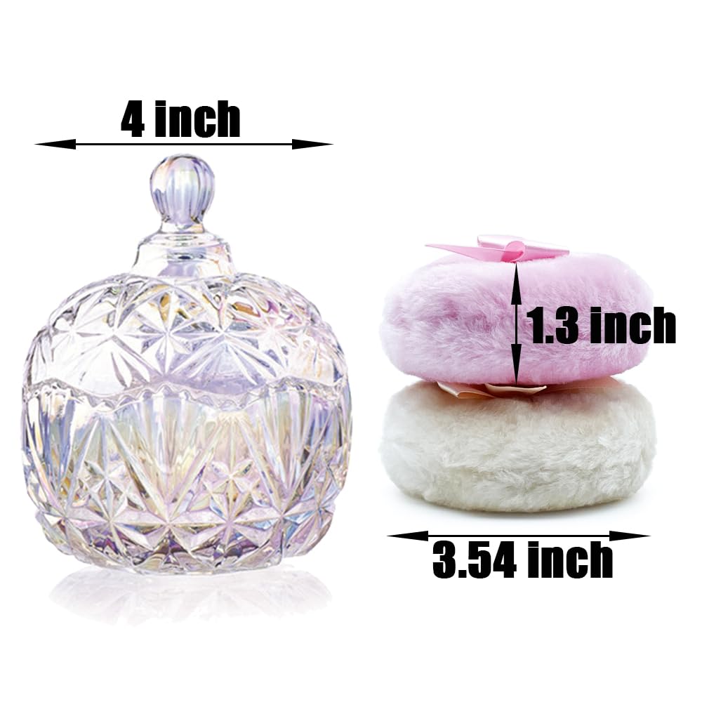 Luxury 4 Inch Glass Loose Powder Container with 2 Soft 3.5" Puffs｜Non-Sealed Refillable Organizer Storage for Body Powder Makeup & Jewelry & Setting Applicator(Crown-Dazzling Color)