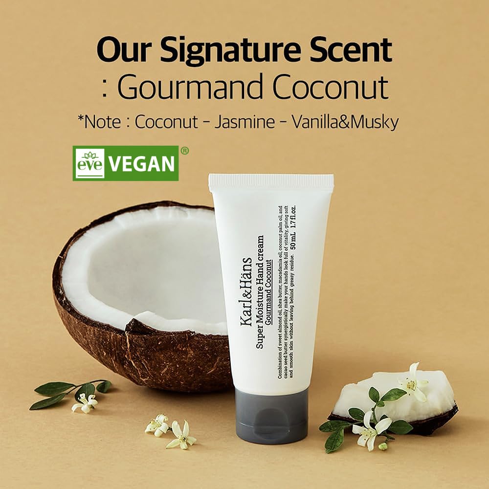 Karl&Hans Super Moisturizing Coconut Vegan Hand Cream - Gourmand Coconut Scent with Shea Butter, Coconut Oil - Organic Daily Hand lotion for Dry Cracked Hands - 1.7 fl oz