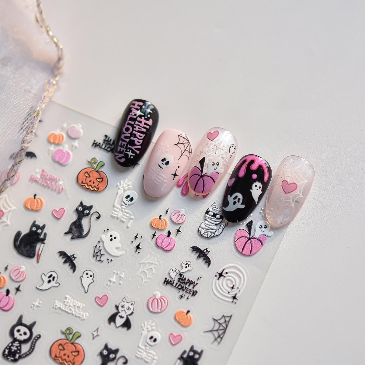 5D Embossed Halloween Nail Stickers Cute Pink Pumpkin Self-Adhesive Nail Art Pegatinas Uñas with Ghost Skull Cat Bat Designs Nails Decals Halloween DIY Manicure for Women Nails Art Decoration 1Sheet