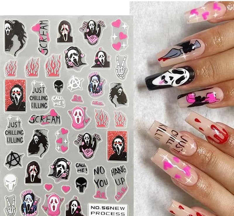 Halloween Nail Stickers Decals 3D Horror Spooky Devil Ghost 3D Self-Adhesive Nail Designs Gothic Ghost Pumpkin Skull Skeleton Halloween Nail Decals for Women Girls DIY Manicure Horror Nail Decoration