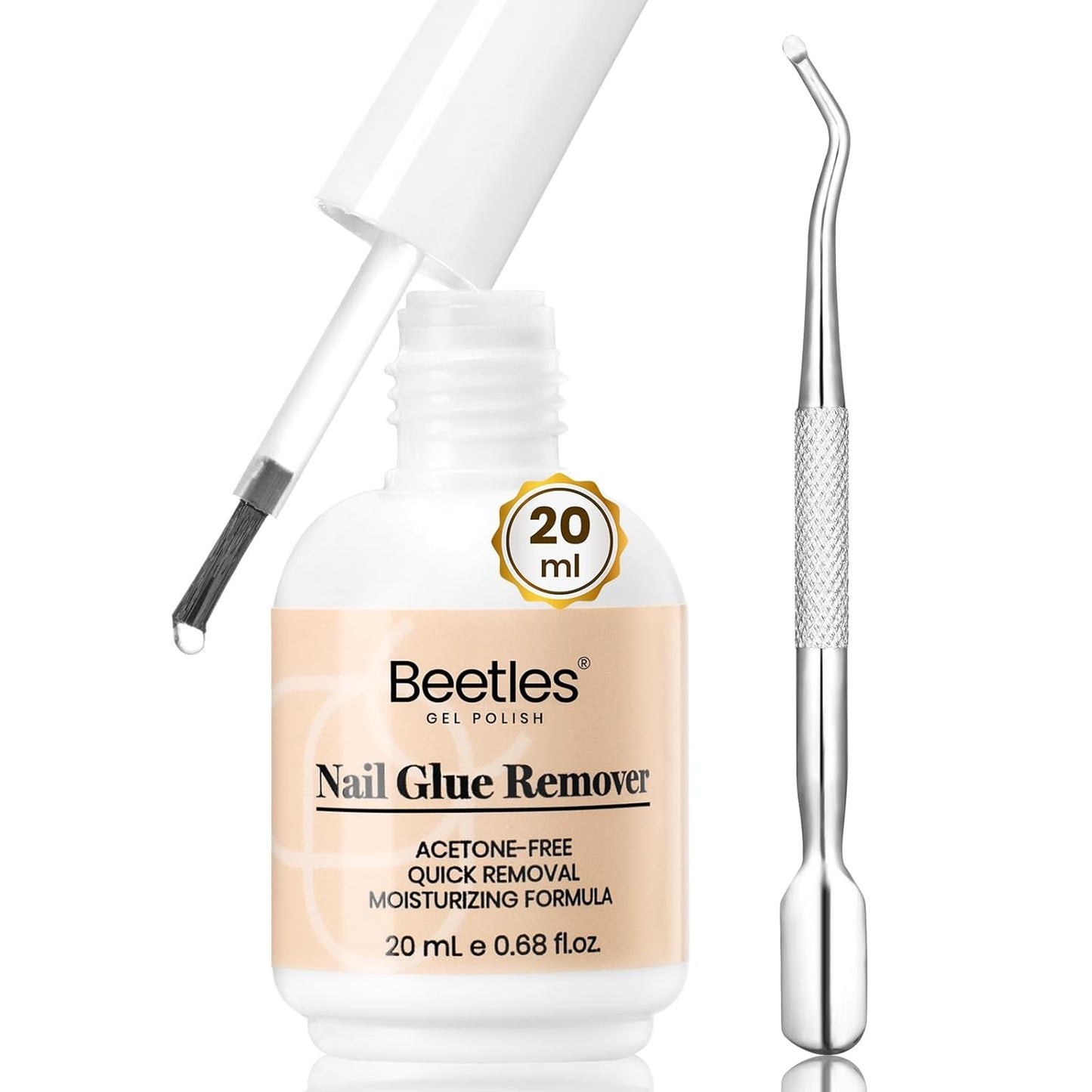 Beetles Nail Glue Remover with Cuticle Tool, 1 Pcs 20ml Press on Nail Remover Non-Acetone Adhesive for False Nail Tips Gentle Formula Not for U v Nail Glue Gel