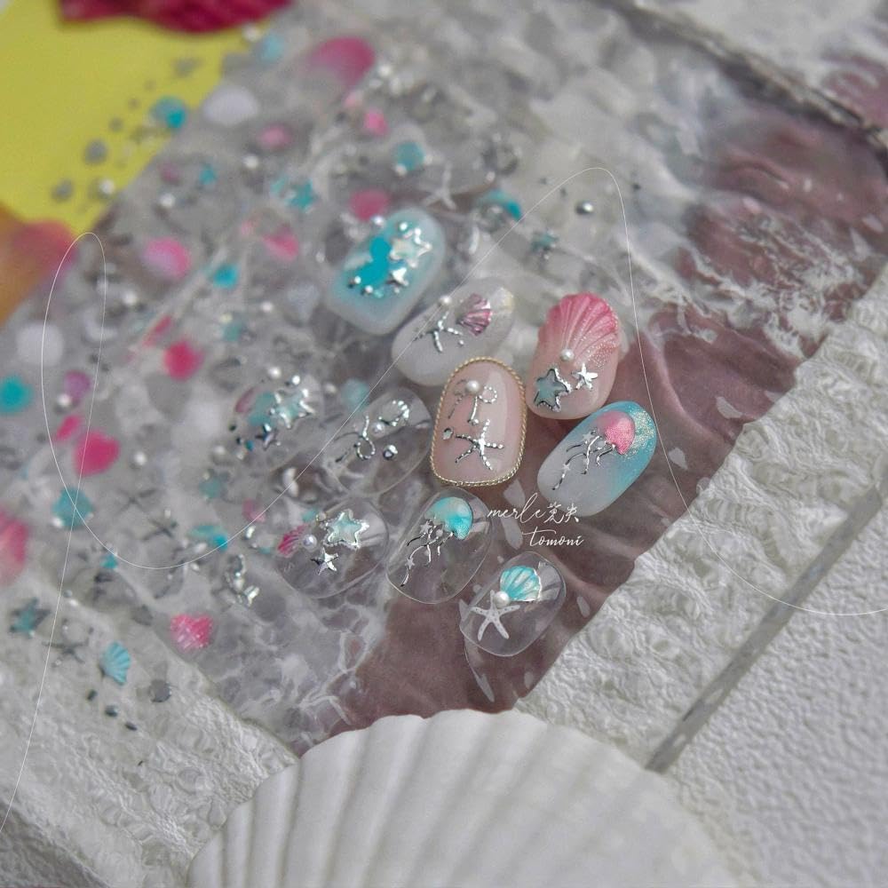 Laser Pearl Seashell Nail Stickers 5D Embossed Silver Gold Ocean Nail Decals 3D Self-Adhesive Starfish Nails Supplies Jellyfish Nails Designs Summer Nail Art Decoration for Women DIY Manicure 2 Sheets