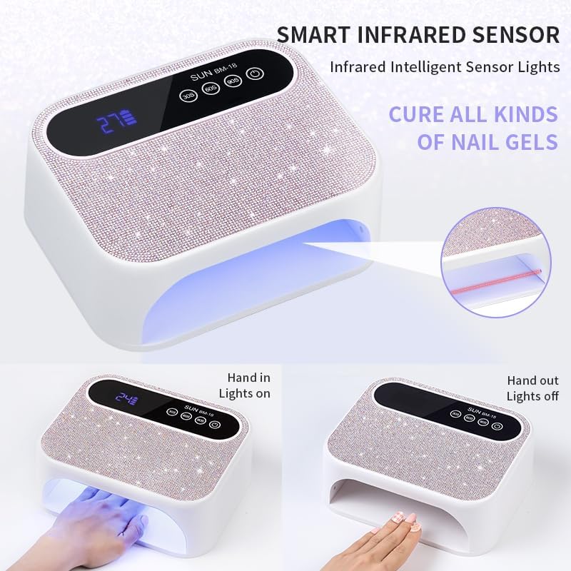 Cordless UV Nail Lamp, 268W Rechargeable UV Gel Nail Light, Sparkling Rhinestones Diamond UV Light, Professional Fast Curing Nail Dryer with 4 Timers Touch Control Auto Sensor for Salon & Home