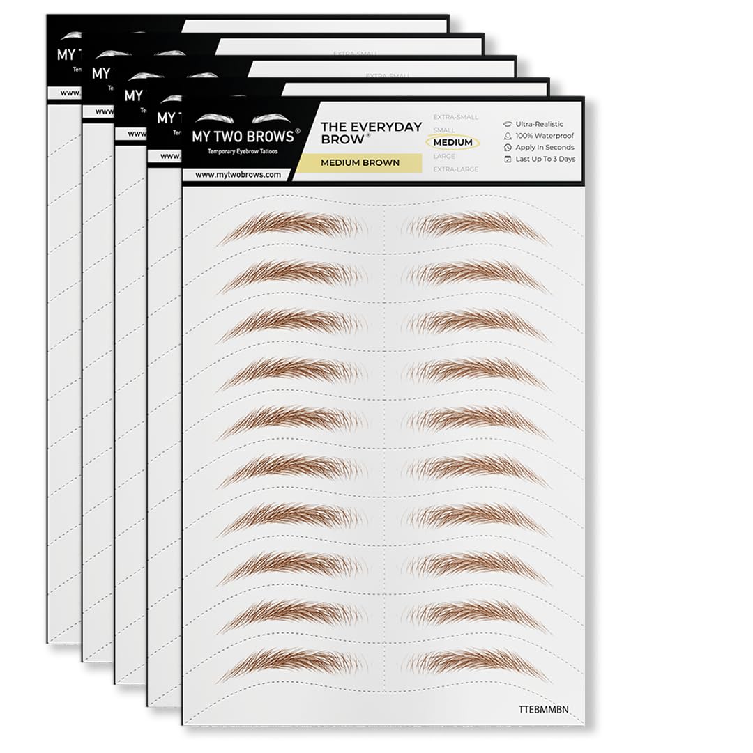 50 Pairs Medium Brown Temporary Eyebrow Tattoos, Waterproof and Smudge-Proof Medium Everyday Style Realistic Eyebrow Stickers for Men & Women, Easy to Apply, Won't Work on Existing Brows