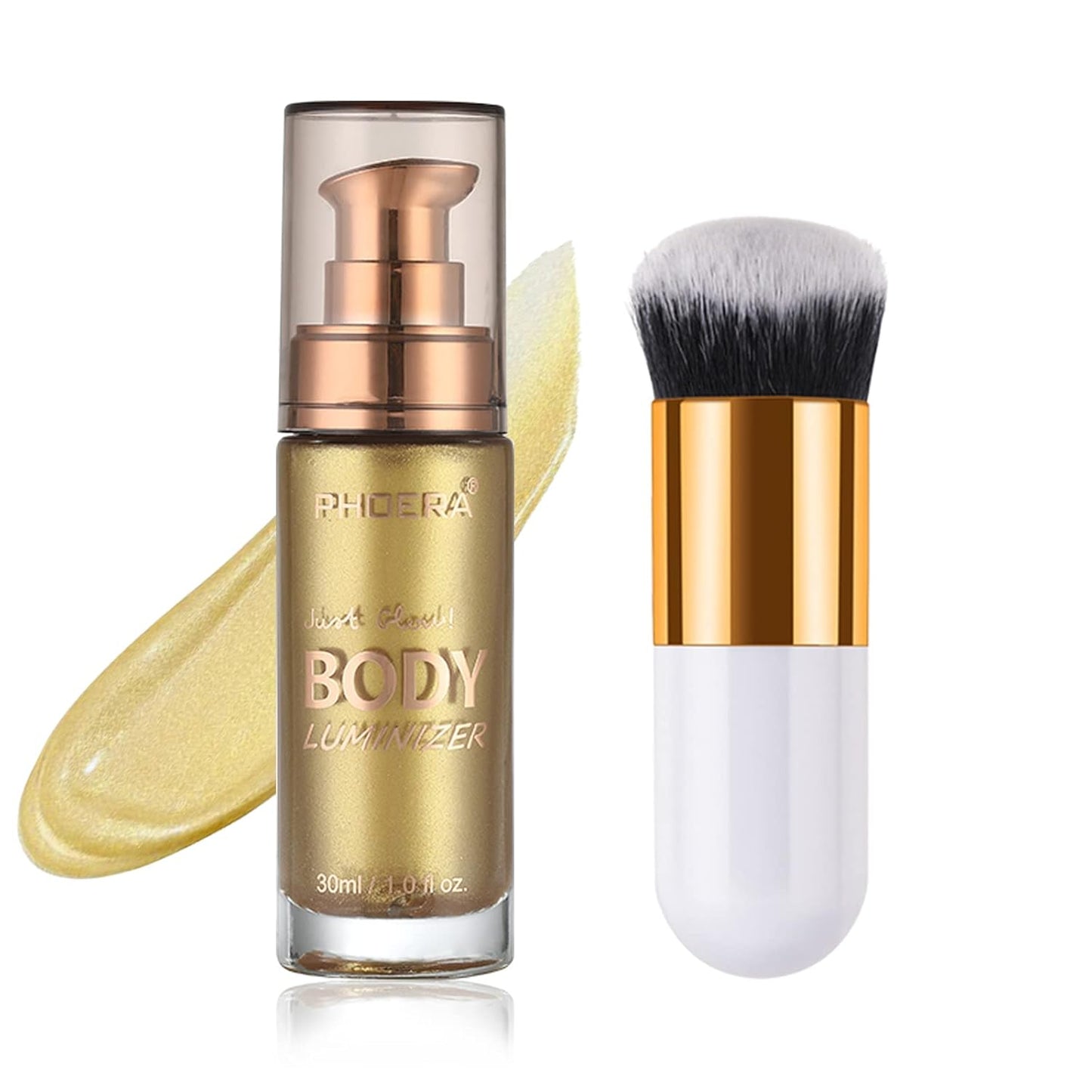 Body Shimmer Oil, Waterproof Long Lasting Moisturizing Bronze Body Luminizer Glow For Face & Body, Liquid Illuminator Body Highlighter 1oz/Jars, Makeup Brush Include (Metallic Gold #02)