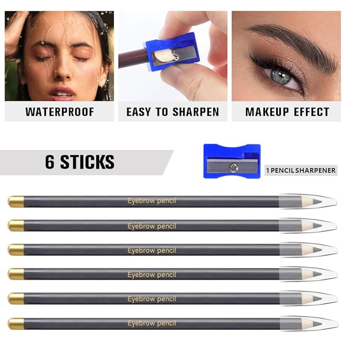 6Pcs Grey Eyebrow Pencils for Women,Wooden Hard-Core Eyebrow Eyeliner Pencil,Sharpener Included,Long Lasting Waterproof Sweat-proof Create a Natural Eye Brow Makeup,Beginner Brow Pencil,Cruelty-Free