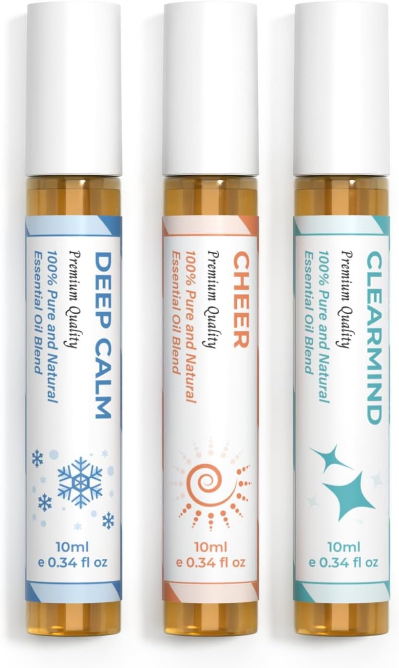Essential Oil Set (Deep Calm, Cheer, ClearMind), Aromatherapy Roll On Blends for Massage, Body Care & Home Use, Great Fragrance Roller Gift for Men & Women
