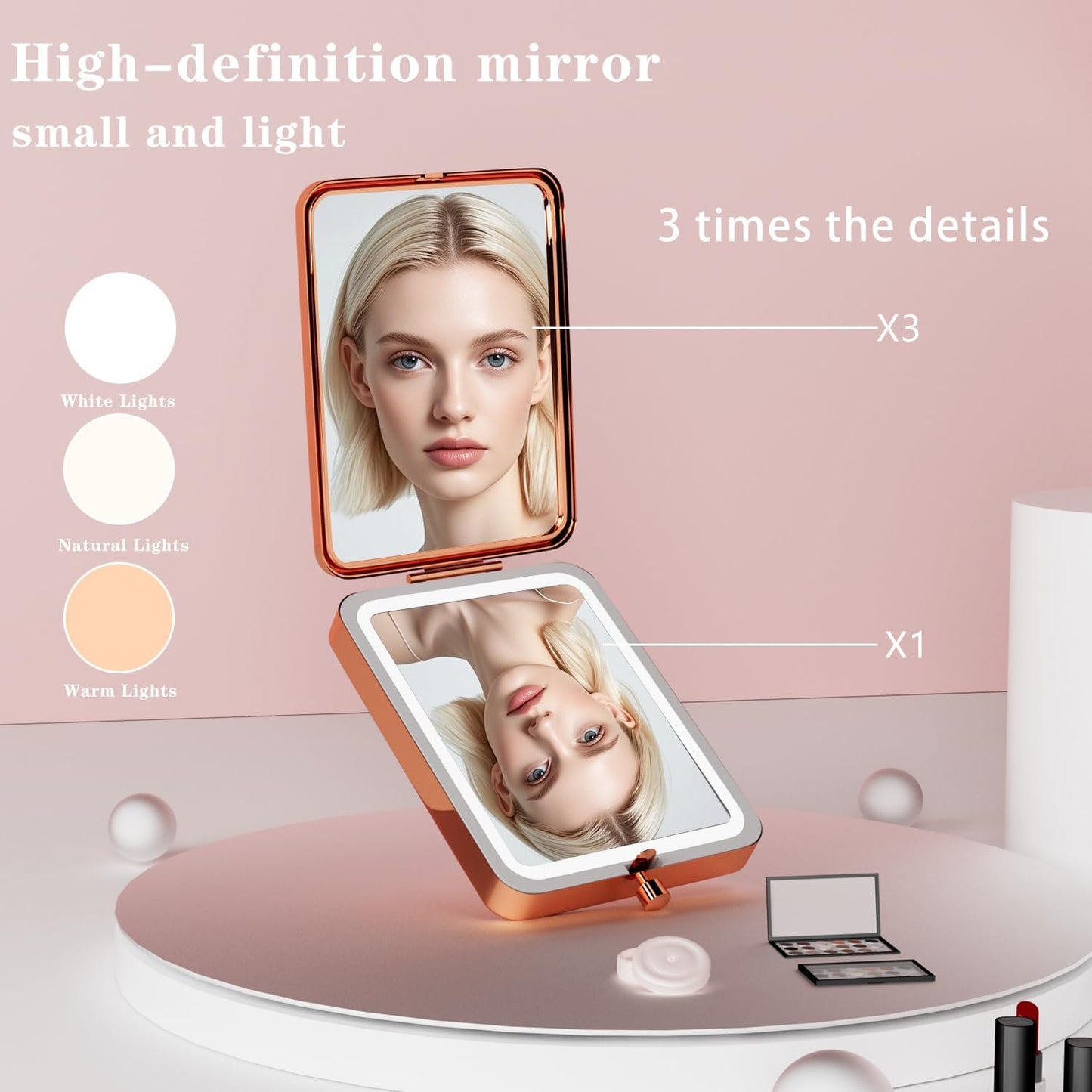Vanity Mirror with Lights, 3X Magnifying Led Compact Travel Mirrors for Pocket,Purse, Double-Sided Foldable Handheld,Makeup Mirror with Lights, Makeup Vanity Desk Bathroom,Gifts for Women
