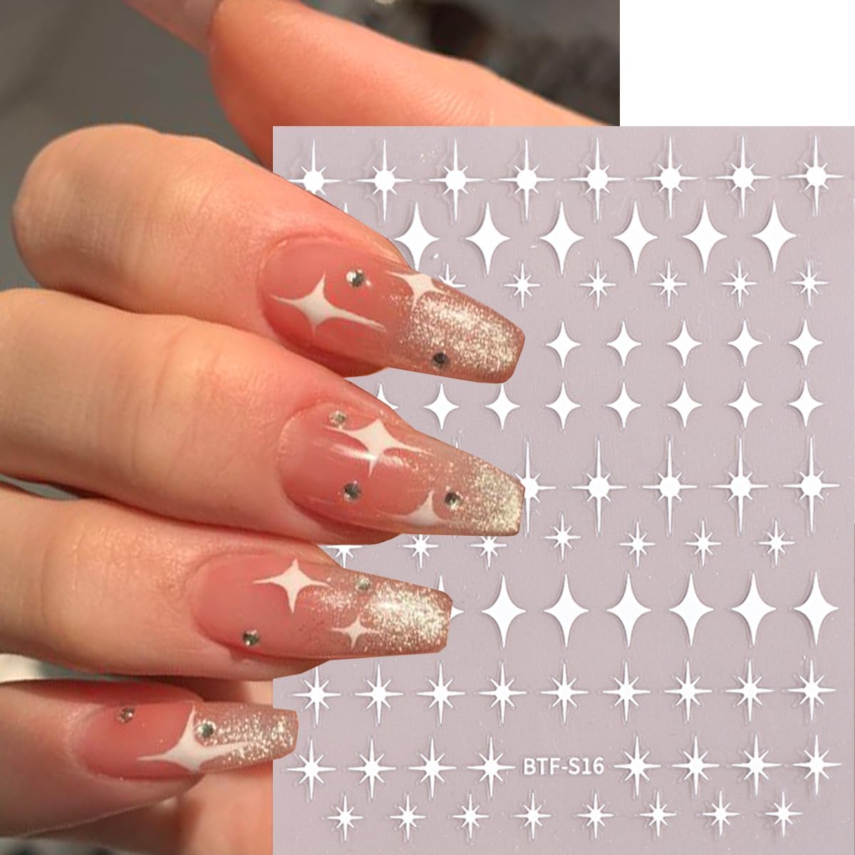 8Sheets Star Nail Stickers 3D Self Adhesive Nail Art Stickers Sparkle Nail Decals Gold Silver Gold White Mixed Shaped Star Design Cute Nail Sticker for Nail Art Women DIY Acrylic Manicure Decoration