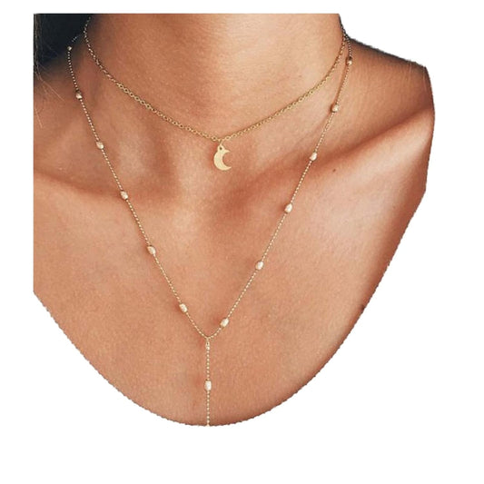 Boho Layered Moon Necklace Choker Gold Y Lariat Necklace Chain Long Satellite Wrap Necklace Adjustable Vintage Necklace Chain Jewelry for Women and Girls Gifts