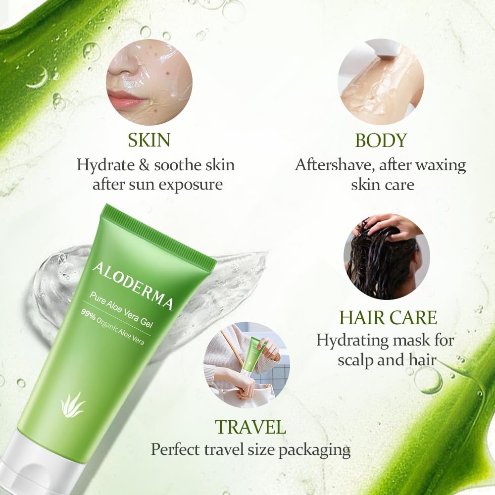 Aloderma 99% Organic Aloe Vera Gel Made within 12 Hours of Harvest, Easy Travel Size Tube for Body, Face, & Scalp, Cooling, Soothing Instant Relief for Skin & Sunburn, Hydrating Aloe Gel, 1.5oz