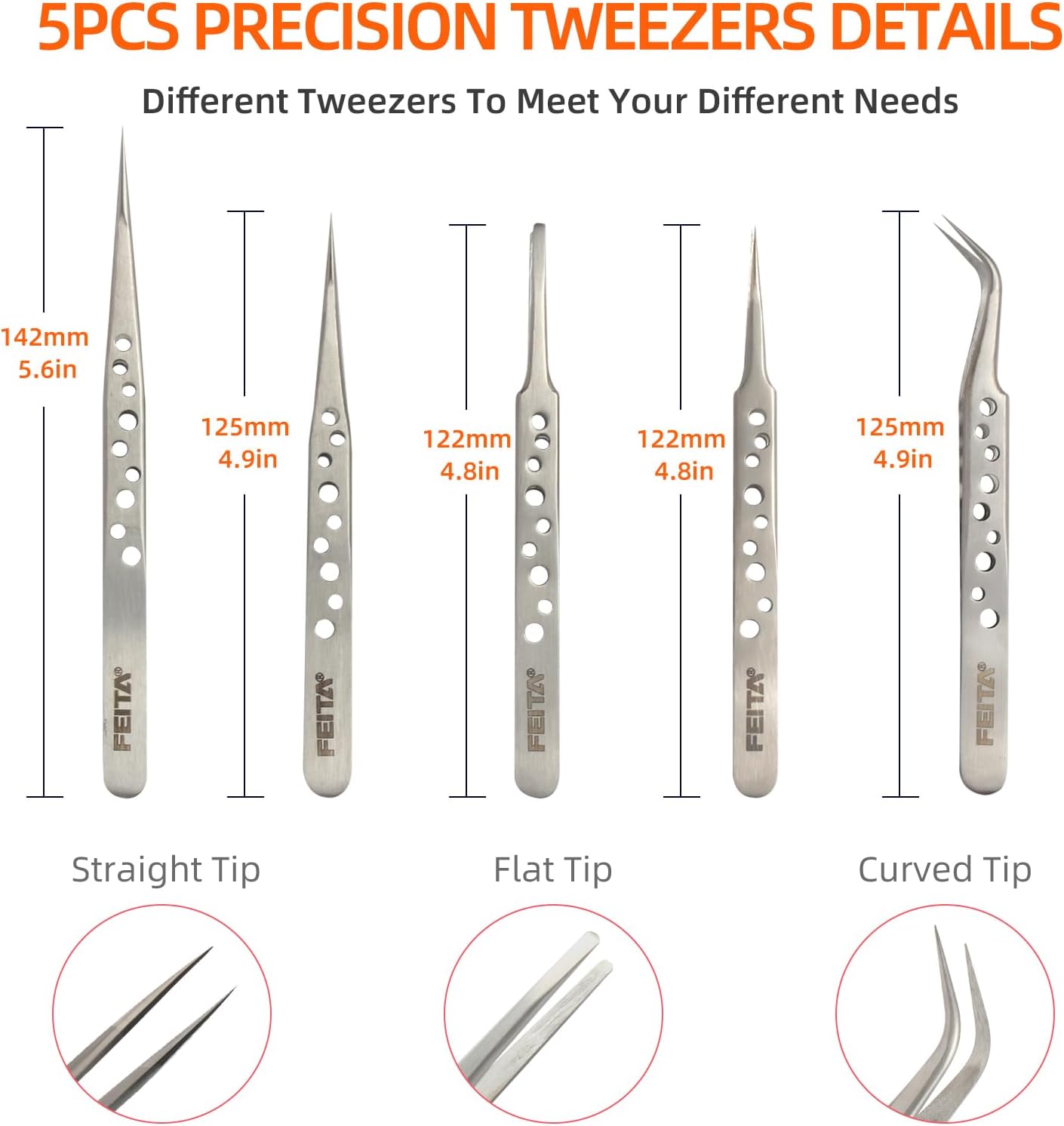 FEITA Precision Tweezer Set - Tweezers for Crafts, Jewelry, Lash Extensions, Electronics & Hobby Tools