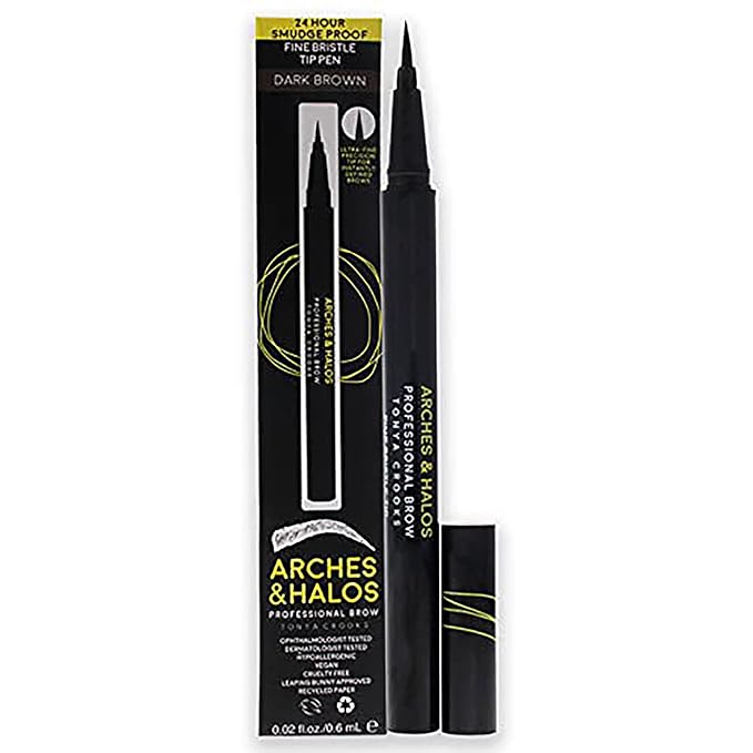 Arches and Halos Fine Bristle Tip Pen - Eyebrow Pencils for Women - Vegan Brow Pencil - Smudge-Proof, Buildable Formula - Dark Brown - 0.02 oz