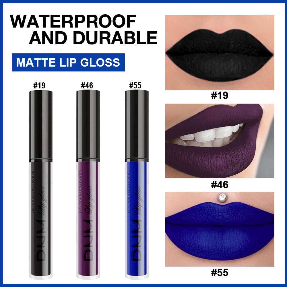 evpct 3Pcs Dark Purple Black Royal Blue Matte Liquid Lipstick Lip Stain Sets for Women Matte+Lipstick Long Lasting Waterproof Permanent 24 hr Hours Magic Lipstick 24 Hours original, Set27