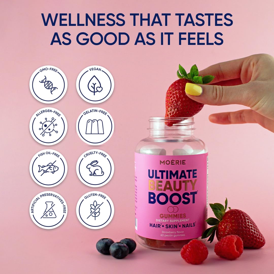 Moerie Hair Skin and Nails Gummies for Women & Men - Biotin for Hair Loss, Gummy Vitamins & Growth Dietary Supplements - Sugarbear for Thicker Hair - Allergen Free - 120 per Serving - Balanced Diet