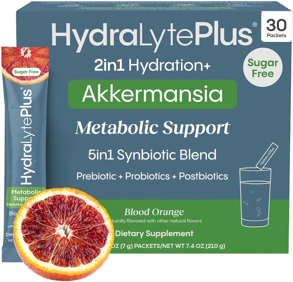 Hydralyte Plus Metabolic Support - Sugar-Free Electrolytes + Akkermansia Probiotic for Women and Men - Blend of Prebiotics and Probiotics for Digestive Support + Fiber (30 Pack, Blood Orange)