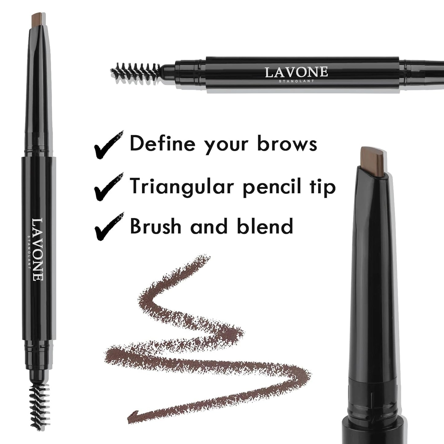 LAVONE Eyebrow Stamp Stencil Kit, Brow Stamp Trio Kit with Waterproof Eyebrow Pencil, Pomade, 20 Eyebrow Stencils, Dual-ended Eyebrow Brush and Sponge Applicator - Soft Brown
