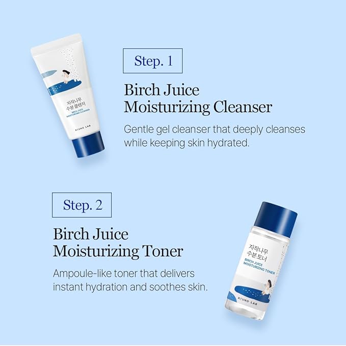 ROUND LAB Birch Juice Moisturizing Mini Kit, 4-Step Travel Size Skincare Set (Cleanser, Toner, Serum, Cream), Daily Skin Care Routine Trial Kit for Acne-Prone and Sensitive Skin, Stocking Stuffers