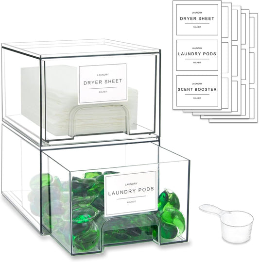 4 Pack Laundry Room Organization Storage Drawers with Labels, Clear Stackable Dryer Sheet Holder and Pod Containers, Detergent Dispenser for Laundry Room Organizing and Decor