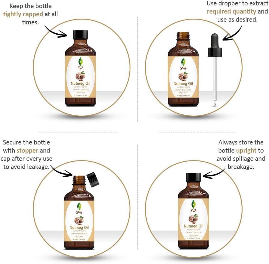 SVA Nutmeg Essential Oil – 4 Fl Oz – 100% Natural Nutmeg Oil - for Diffuser, Hair Care, Face, Skin Care, Aromatherapy, Scalp and Body Massage, Soap and Candle Making – with Dropper
