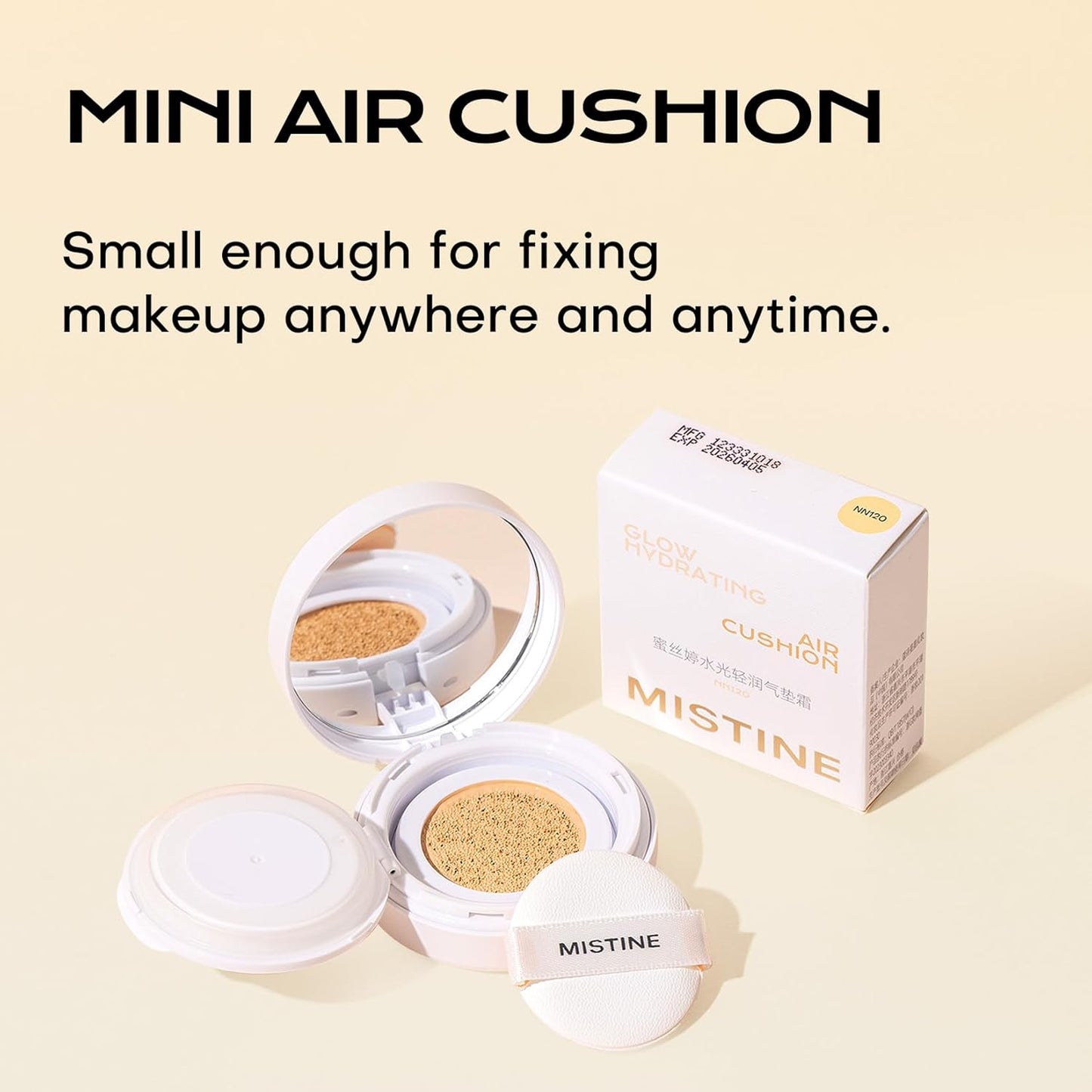 Mistine Tavel Size Air Cushion Foundation Glow Hydrating Finish Medium Coverage Foundation Makeup for Dry Skin,24H Hydrating Long-Lasting Waterproof Smudge Proof, Ivory