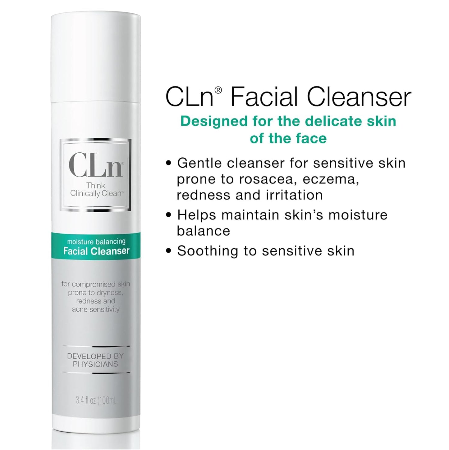 CLn® Facial Cleanser - Hydrating Facial Cleanser with Glycerin, For Skin Prone to Dryness, Eczema, Redness, Irritation & Acne Sensitivity, Fragrance-Free & Paraben-Free, 3.4 fl. oz.