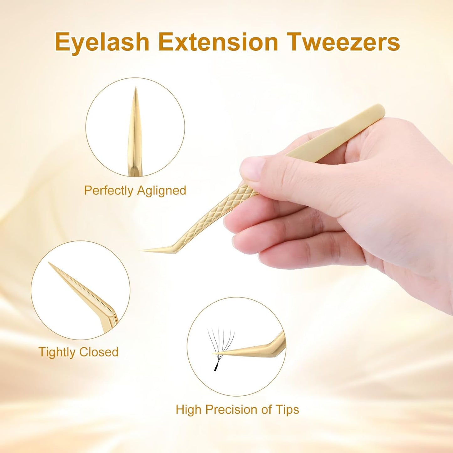 NAGARAKU Eyelash Tweezers, Precision Fiber Tip Tweezer for Eyelash Extensions Diamond Grip Anti-Static Anti-Slip Premium Gold Stainless Steel Pointed Eyelashes Tweezers with Box -Curved Tweezer AG-06