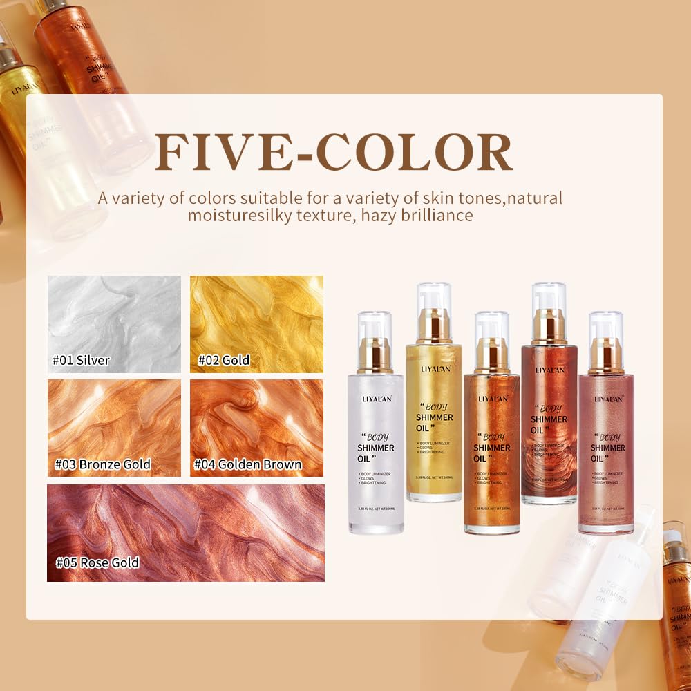 Liyalan Shimmer Body Oil Rose Gold 5 Color Bronze Face Glow Pearl Highlighter Illuminator body Makeup Shine Glitter Gold Liquid Taning(3.38 Fl Oz/05)