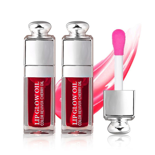 2PCS Hydrating Lip Glow Oil, Lip Oil Gloss Transparent Toot Tinted Nourishing Long Lasting Repairing Lightening Lip Lines (CHERRY) 0.2 OZ