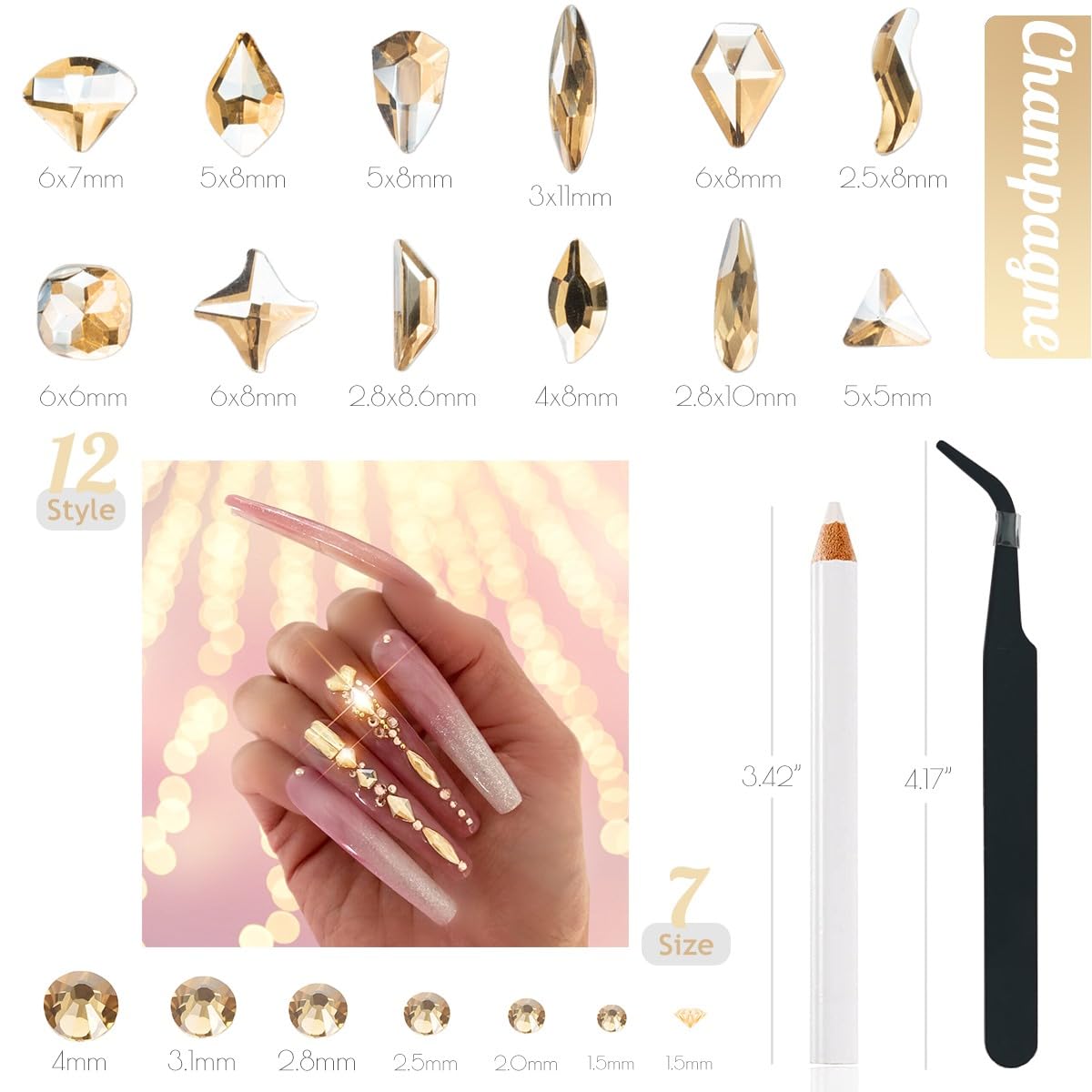 4080Pcs Champagne Golden Nail Rhinestones Flatback Gold Crystals Gems Round Beads K9 Glass Stones Diamonds Jewels Nail Art Supplies Nail Charms Supplies for Nails Faces Eyes Makeup Body Beauty