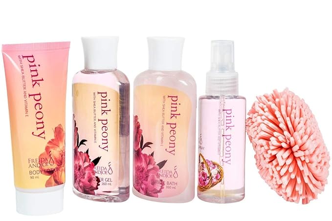 Pink Peony Bathroom Bath Set for Women, Complete Skincare Products in a Natural Wood Plant Box, Body Lotion, Shower Gel, Bubble Bath, Body Spray, Puff
