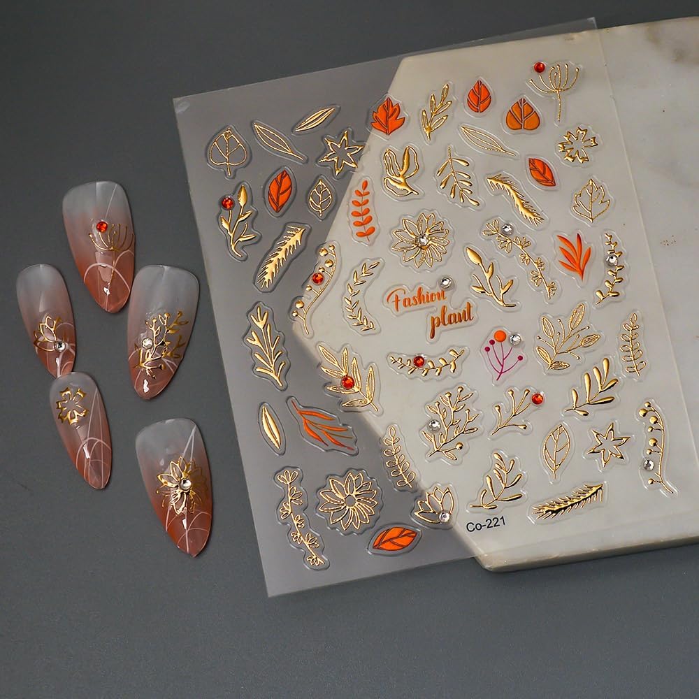 Fall Leaves Nail Art Stickers 5D Embossed Autumn Maple Nail Stickers Gold, Self-Adhesive Durable Nail Art Decals for Women Girls, Nail Wraps Decoration Manicure for DIY Acrylic Nail Accessories