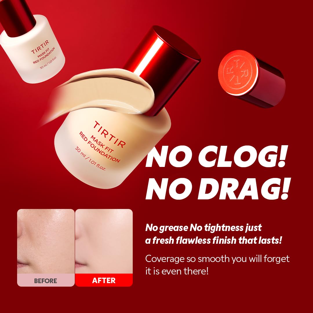 TIRTIR Mask Fit Red FoundationㅣLong Lasting Flawless Coverage, Energy Essence, Lightweight, Hydrating, Pore-Blurring, Breathable Satin Finish, Makeup, Radiant Skin, #15C Fair Porcelain, 1.01 Fl Oz