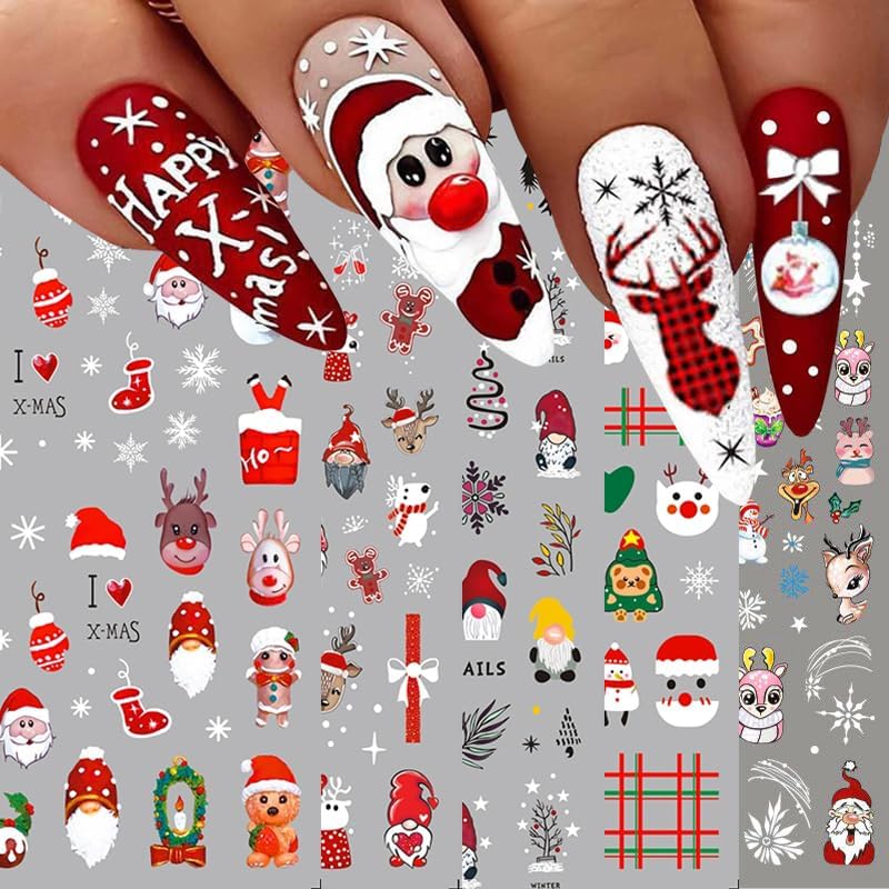 HNUIX Nail Stickers - Christmas 3D, Self Adhesive Nail Decals, Multi Colour Pattern, 10 Sheets, for Nail Art