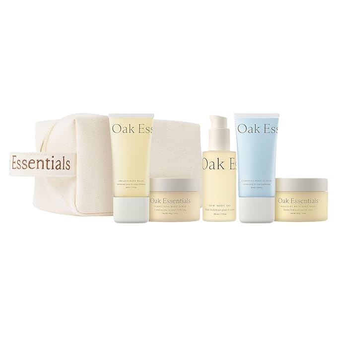 Oak Essentials Travel Body Routine | TSA-Friendly Mini Body Care Set with Wash, Scrub, Lotion, Oil, & Balm + Linen Travel Bag