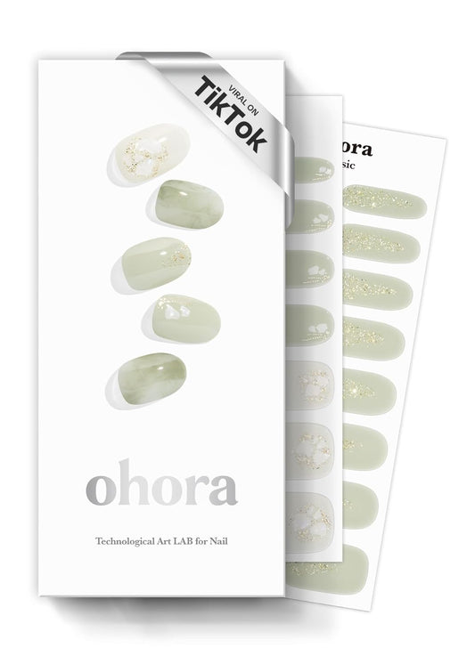 ohora Semi Cured Gel Nail Strips (N Green Tea) - Works with Any Lamps, Salon-Quality, Long Lasting, Easy to Apply & Remove - Includes 2 Prep Pads, Nail File & Wooden Stick