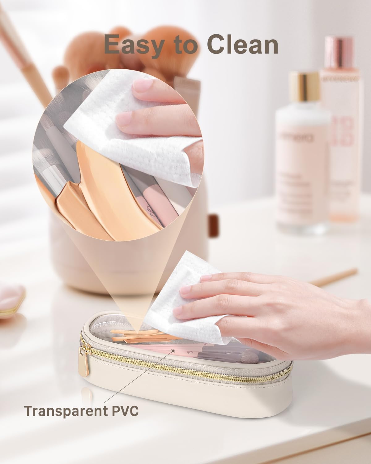 Clear Travel Makeup Brush Holder, Leather Makeup Brush Toiletry Bag, Portable Cosmetic Brush Case, Transparent Waterproof Makeup Brush Storage Bag, White