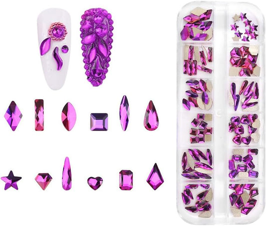 120pcs Flatback Rhinestones Glass Charms Diamantes Gems Stones for Nail Art Box Multi Shapes Fuchsia