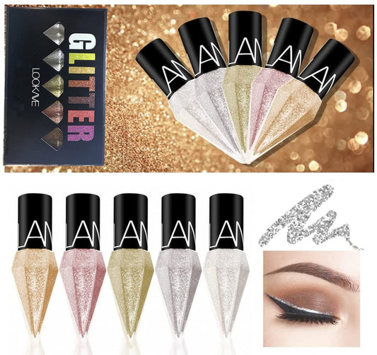 Go Ho Glitter Liquid Eyeliner Colorful Set,5 Colors Metallic Shimmer White Silver Gold Diamond Eye Liner,Glitter Eyeliner Eyeshadow Shine,Waterproof Long Lasting Glow Sparkle Eye Makeup
