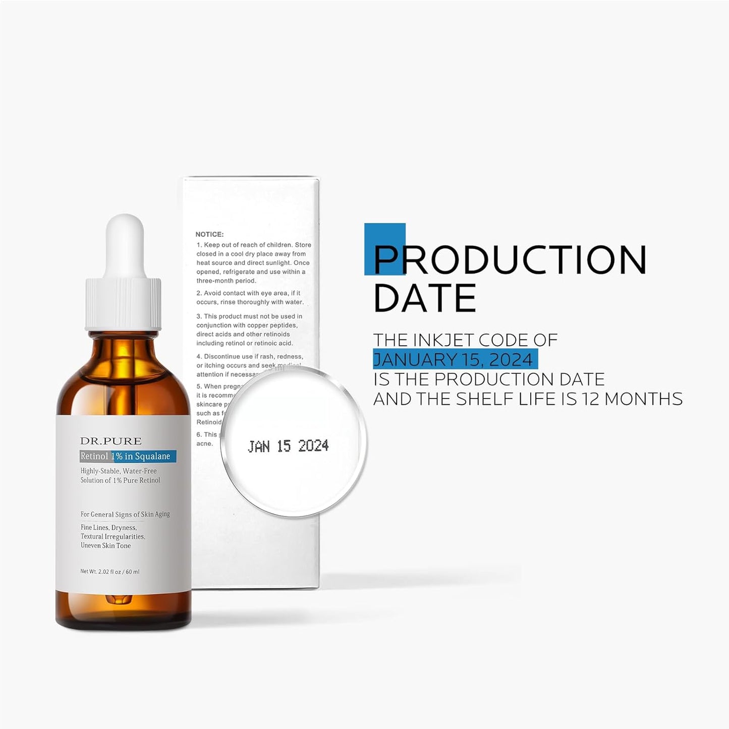Dr. Pure Retinol 1% in Squalane: Hydrating Even Skin Texture and Tone - Anti-Aging Soothing Fine Lines Night Serum 2 Fl Oz