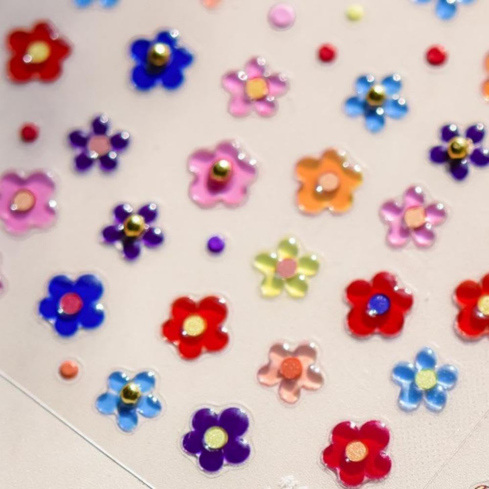 5D Embossed Flower Nail Stickers Colorful Nail Art Stickers Small Gold Ball Nail Decals Self Adhesive Nails Design Manicure Supplies Charm for Women Nail Art Decorations Accessories