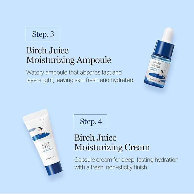 ROUND LAB Birch Juice Moisturizing Mini Kit, 4-Step Travel Size Skincare Set (Cleanser, Toner, Serum, Cream), Daily Skin Care Routine Trial Kit for Acne-Prone and Sensitive Skin, Stocking Stuffers