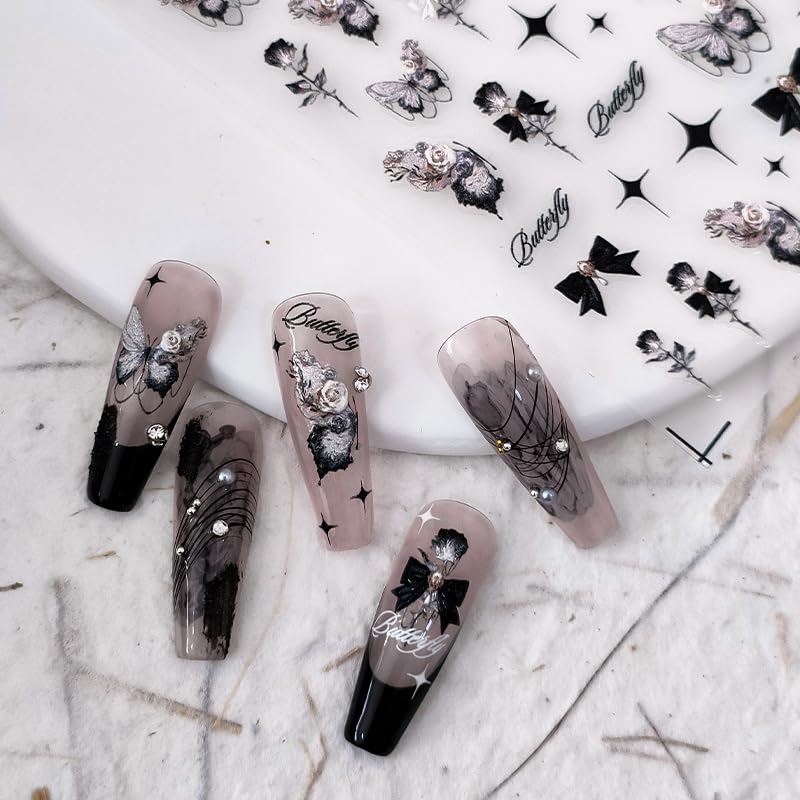 Butterfly Nail Stickers 5D Embossed Nail Art Decals Self-Adhesive Black Bows Nail Stickers for Nail Art DIY Flower Nail Art Decorations for Women (1, Black Bows)