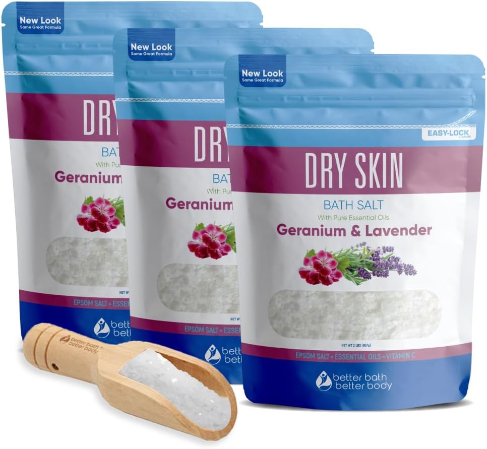 Dry Skin Bath Salt (3 Pack with Scoop) Skin Soothing Epsom Salt with Pure Essential Oils in BPA Free Pouch with Press Lock Seal Made in USA Three 2 Lbs Pouches 6 Lbs Total