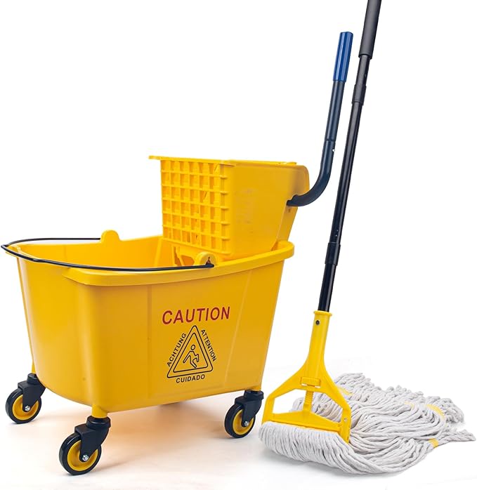 KeFanta 35 Quart Commercial Mop Bucket with Side Press Wringer on Wheels,Yellow,Include Heavy Duty Industrial Mop for Floor Cleaning,Household,Business,Restaurants and Janitorial Use