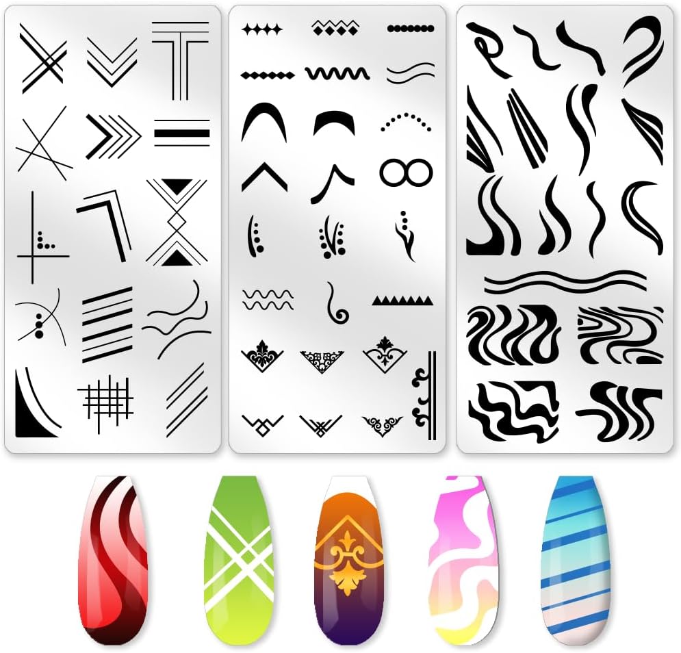 3Pcs Swirl French Line Nail Stamping Plate Wave Stripes Templates Tip Art Stamp Plates Image Stainless Steel DIY Reusable Tools for Manicure Printing
