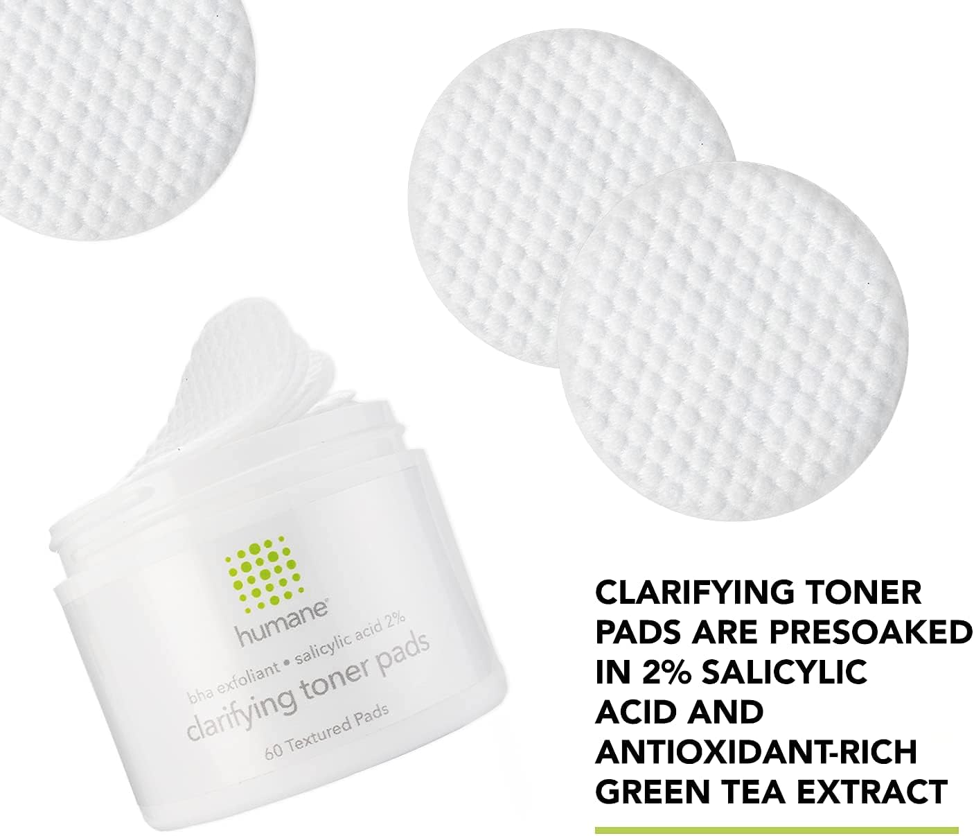 Humane Clarifying Toner Pads for Face - 2% BHA Liquid Salicylic Acid - Pore Minimizer and Facial Exfoliator - Gentle for All Skin Types - Removes Excess Oil, Dead Skin Cells, and Grime - 4 Ounce