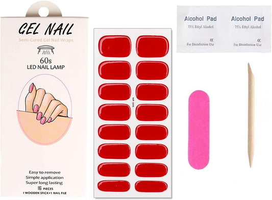 Red Semi Cured Gel Nail Strips Stickers Glossy Nail Polish Strips Decals Salon Quality Long Lasting Easy to Apply Solid Color Gel Nail Stickers for Women DIY Manicure Party Nails Decoration 1 Sheets